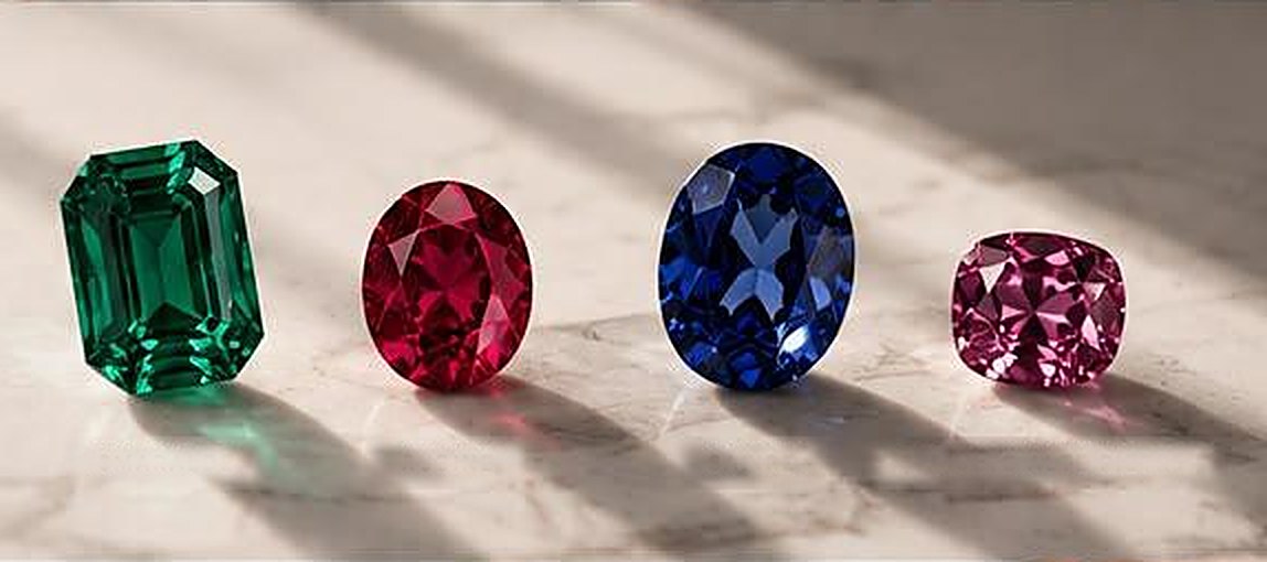 Smarald tăiat în trepte, rubin oval, safir oval și spinel roz, pe marmură