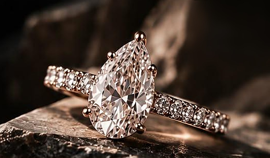 Inel din aur roz cu diamant în formă de pară și diamante pe brațe, așezat pe o piatră brută